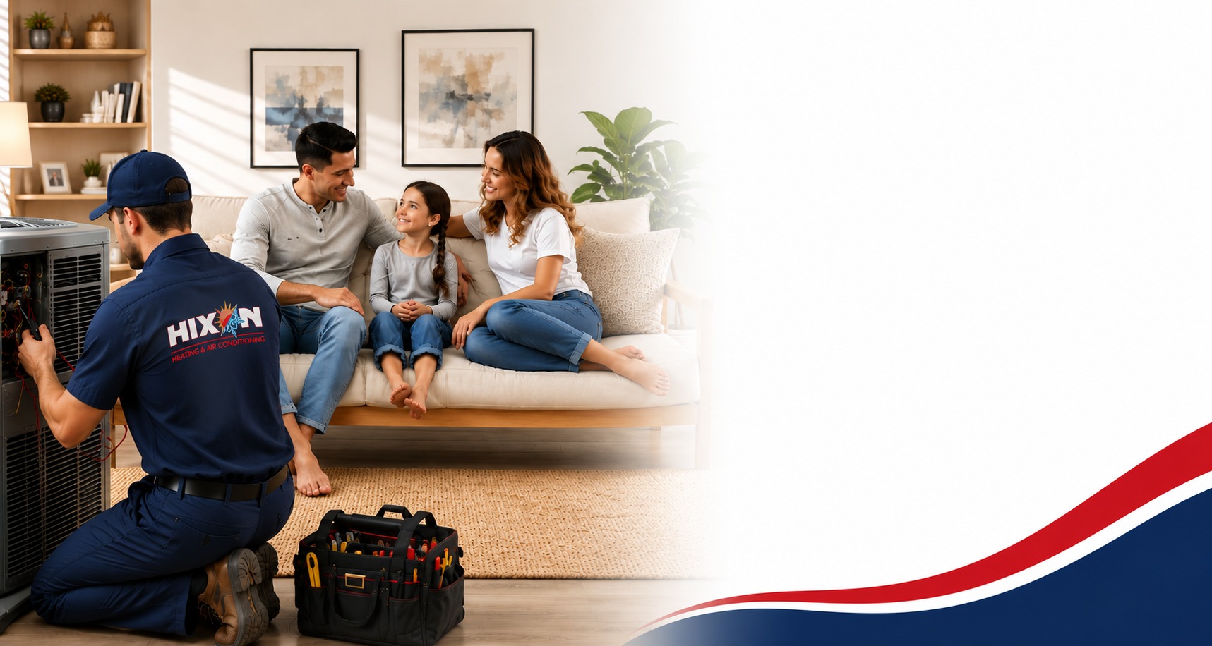 Hixon Heating & Air Conditioning technician servicing a residential AC unit while a happy Dacula, GA family relaxes at home